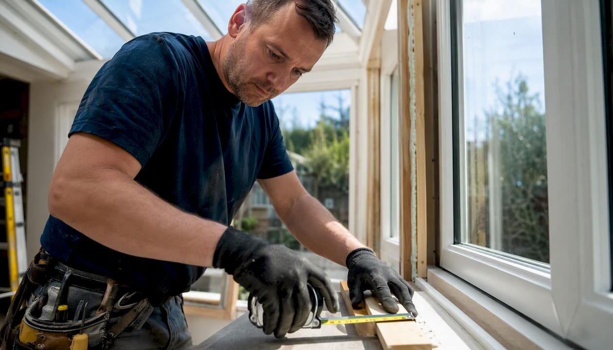 Installer measuring window frame in home