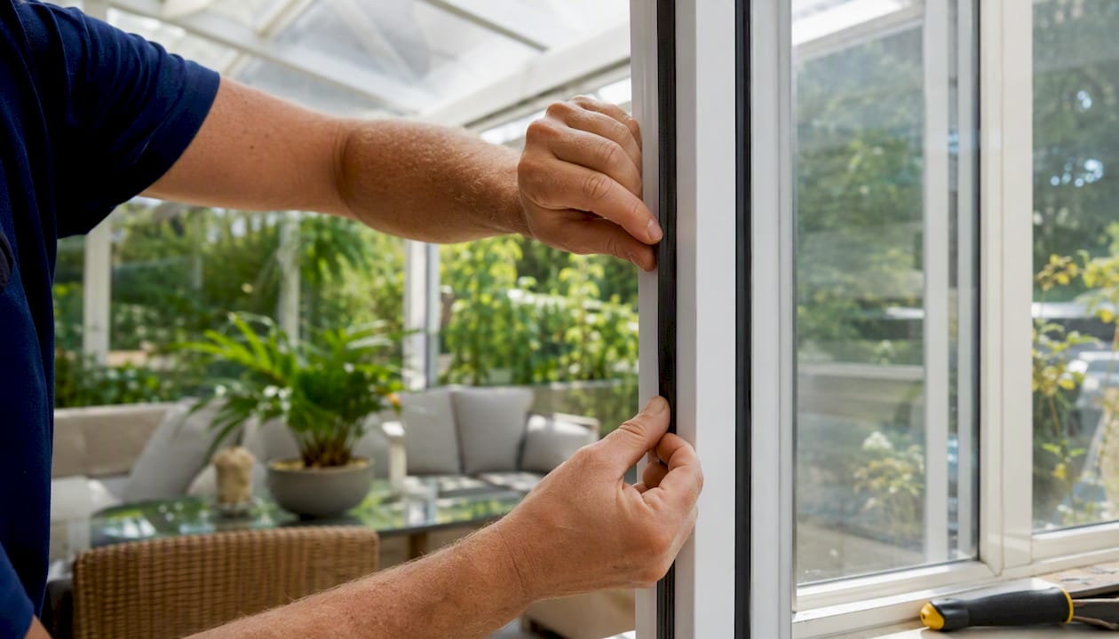 Hands fitting draught-proof seal on window frame
