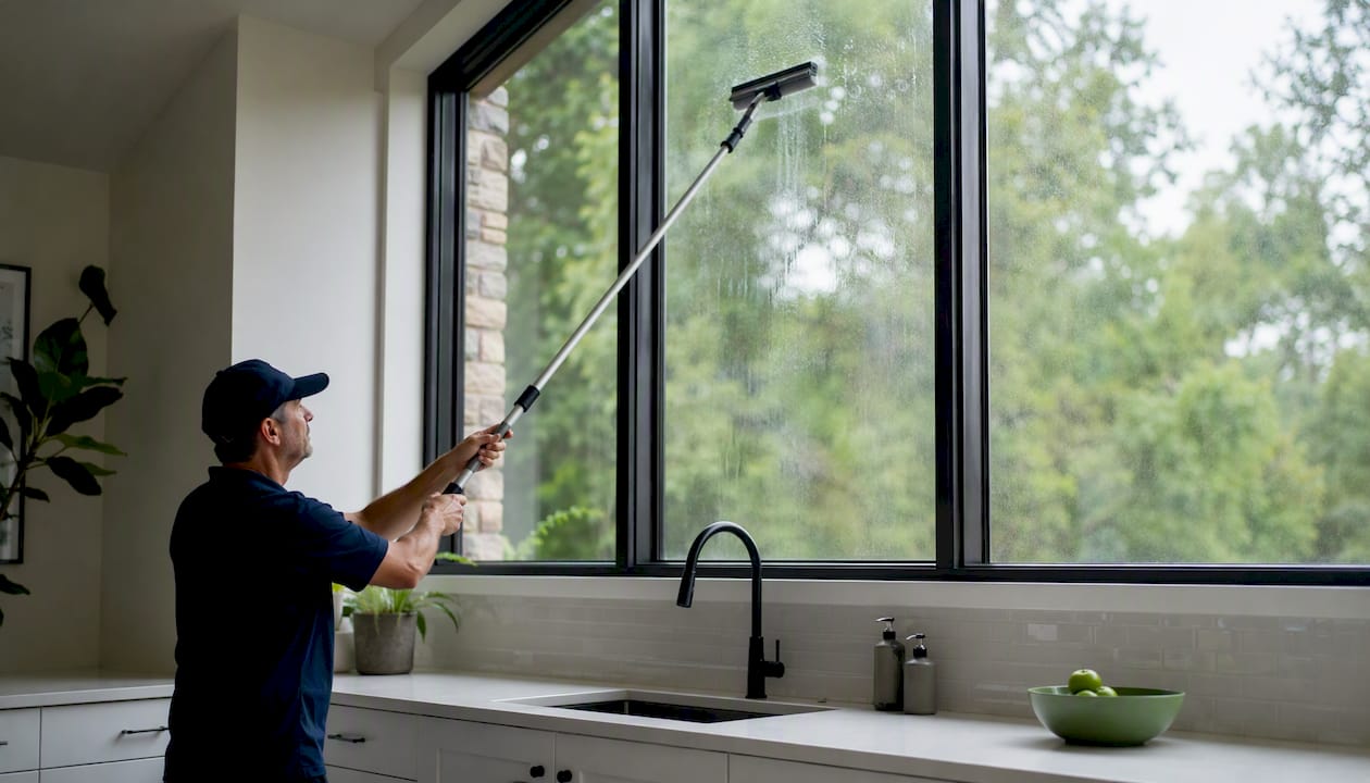 Window cleaning with extendable tool inside high window