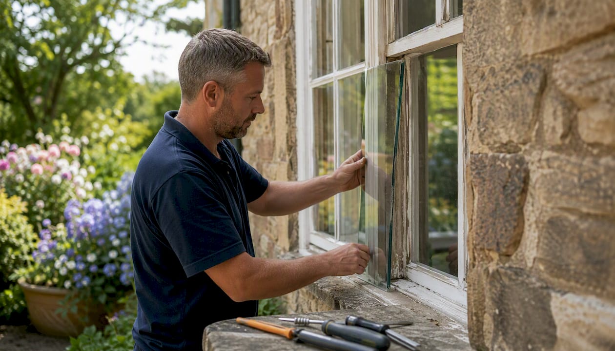 Hands installing secondary glazing on historic window