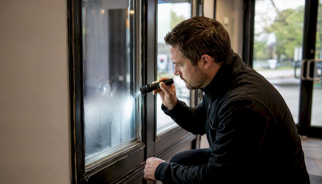 Technician inspecting fogged double glazing