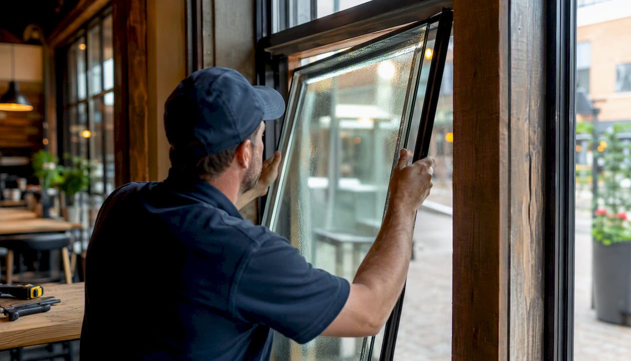 Technician fitting low-E coated glass