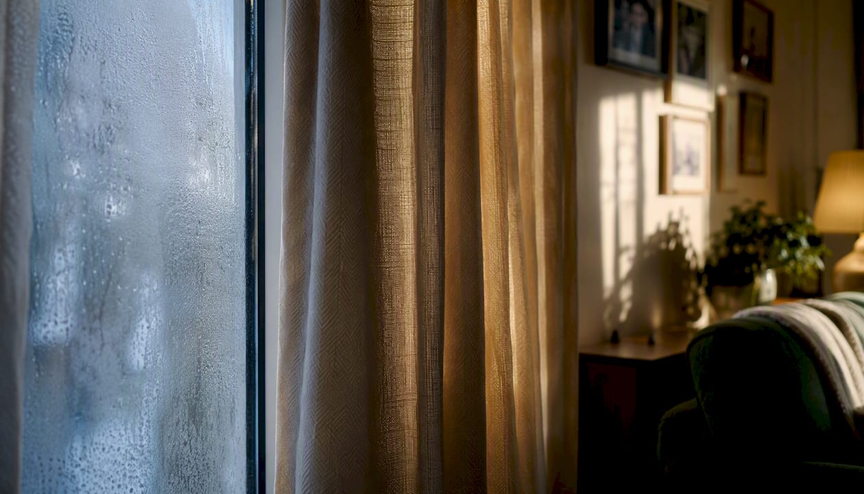 Winter curtains close to cold window glass