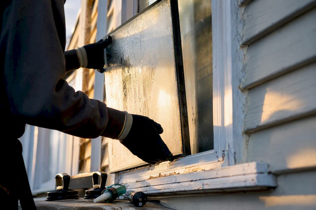 Hands repairing sealed glass unit in window frame