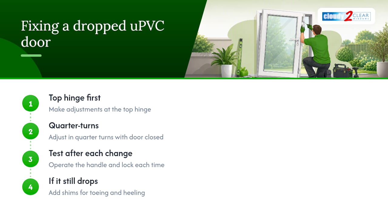 Diagram showing steps to adjust a dropped uPVC door hinge