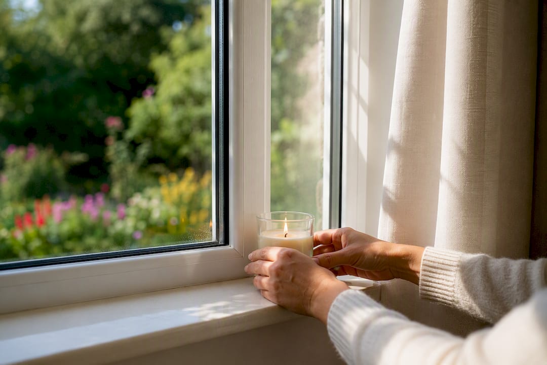 Hands testing window seal with candle flame