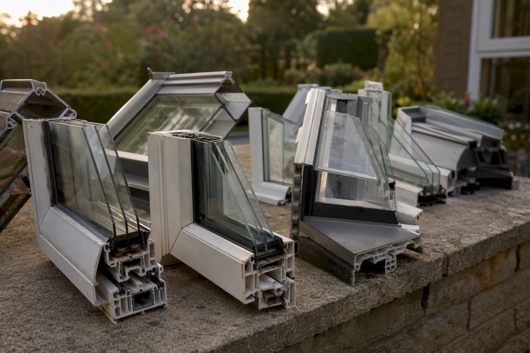 Various conservatory roof glass and frame cross-section samples