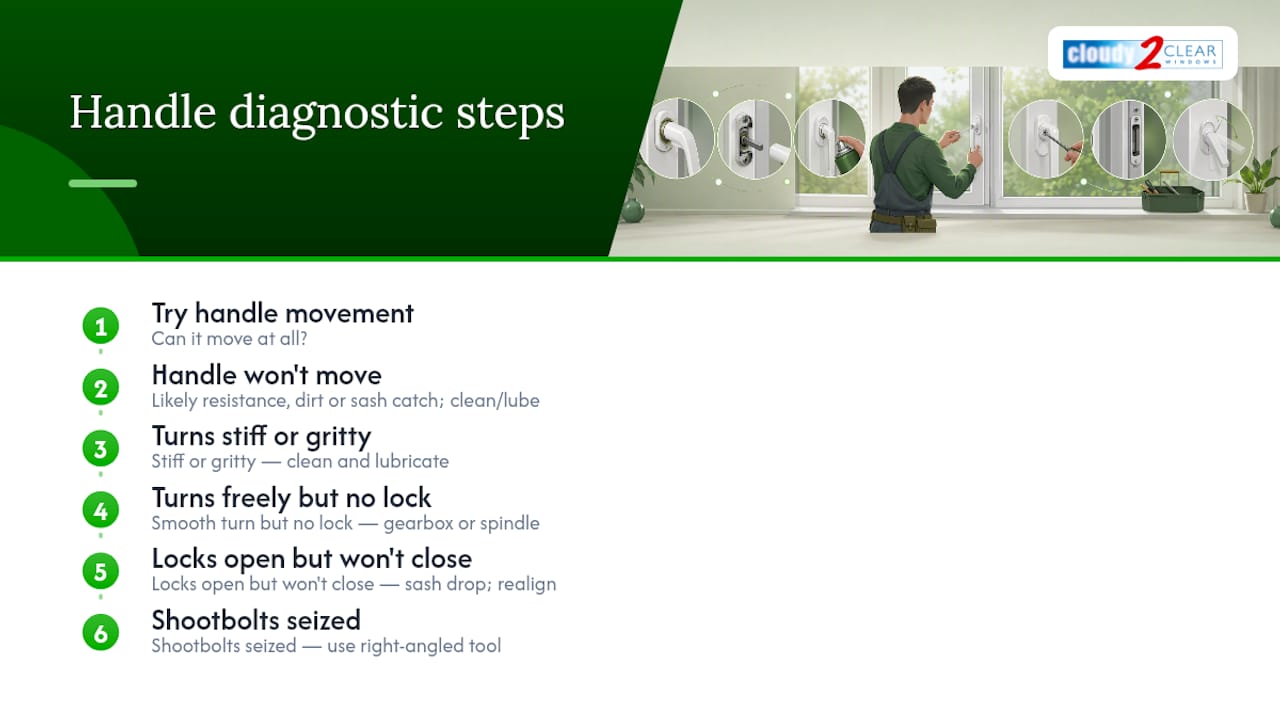 Step-by-step diagnostic process for stuck uPVC window handle