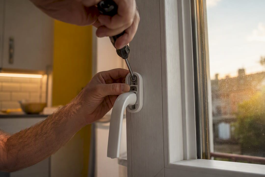 Hands removing screws from uPVC window handle baseplate
