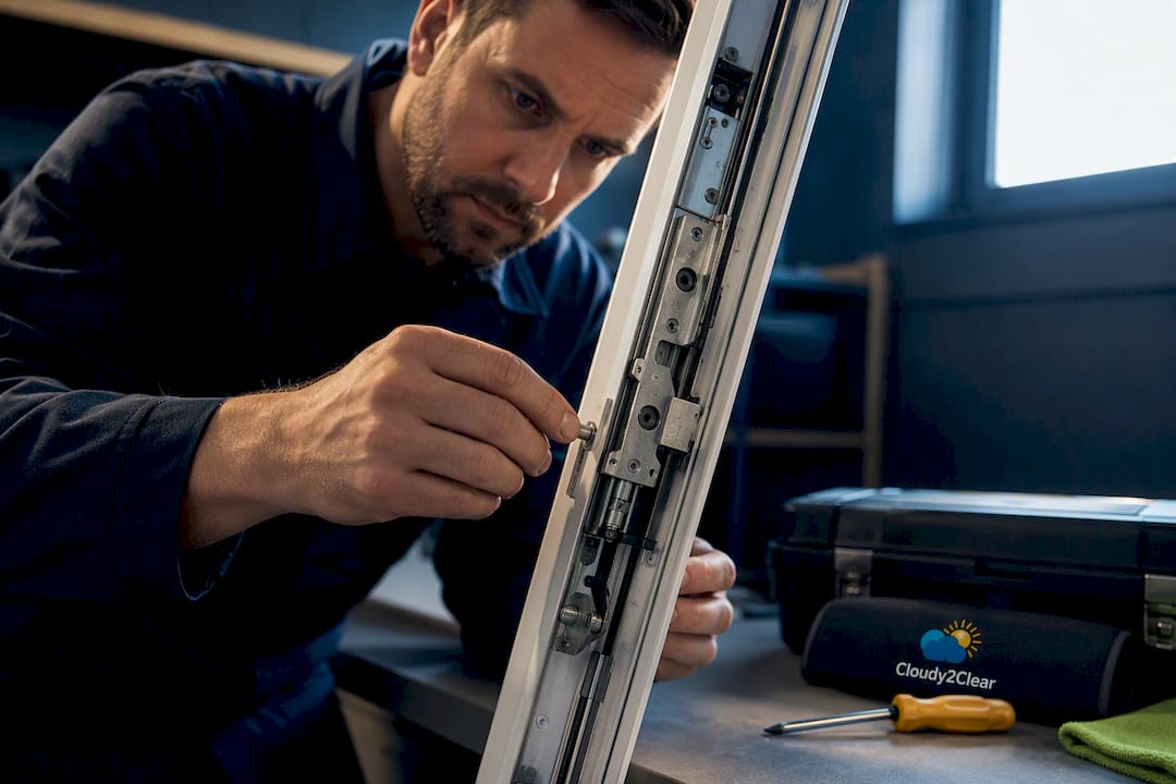 Engineer inspecting tilt and turn window hardware