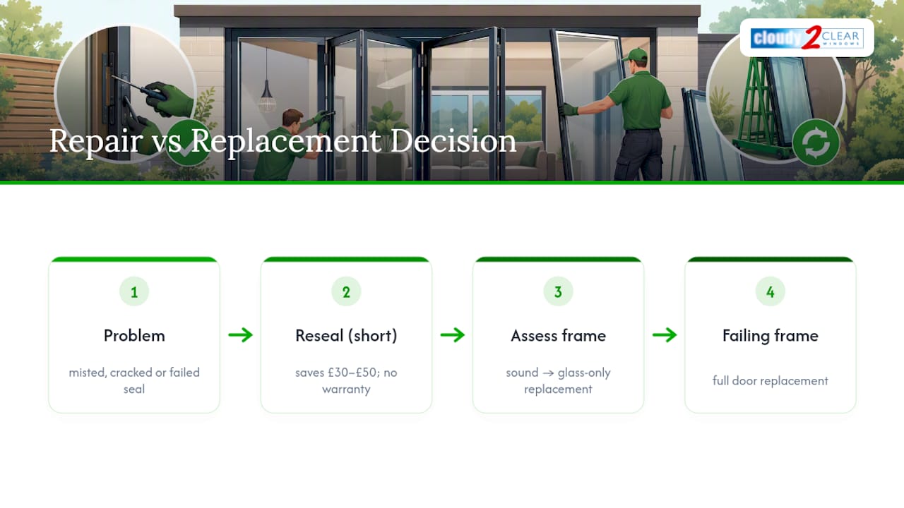 Bifold glass repair and replacement decision paths
