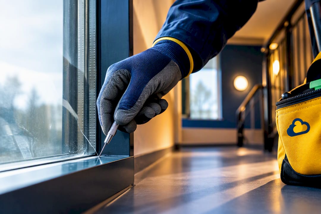 Glazier inspecting a cracked housing window pane