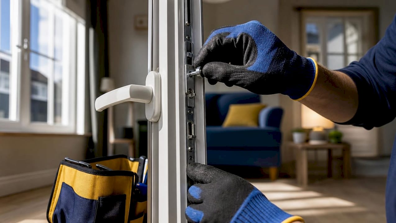 Technician adjusting tilt turn window hardware