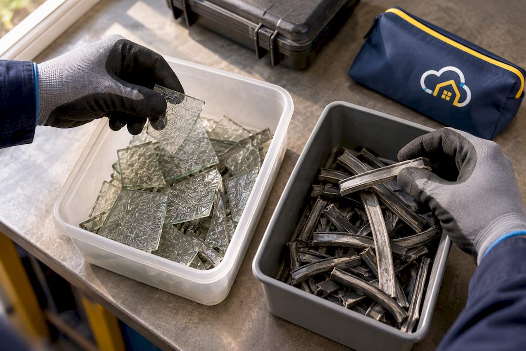 Gloved hands sorting leaded glass waste