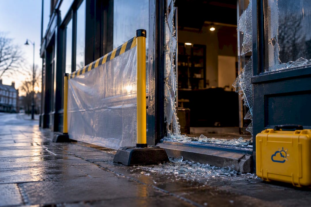 Damaged shopfront safely isolated after glass breakage