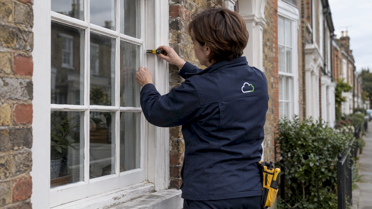 Surveyor examining Georgian bar window