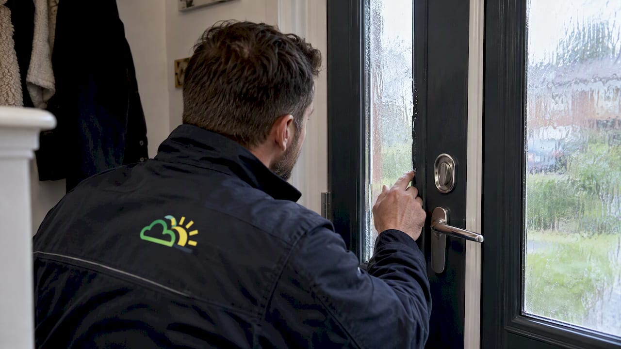 Technician inspecting secure laminated door glass