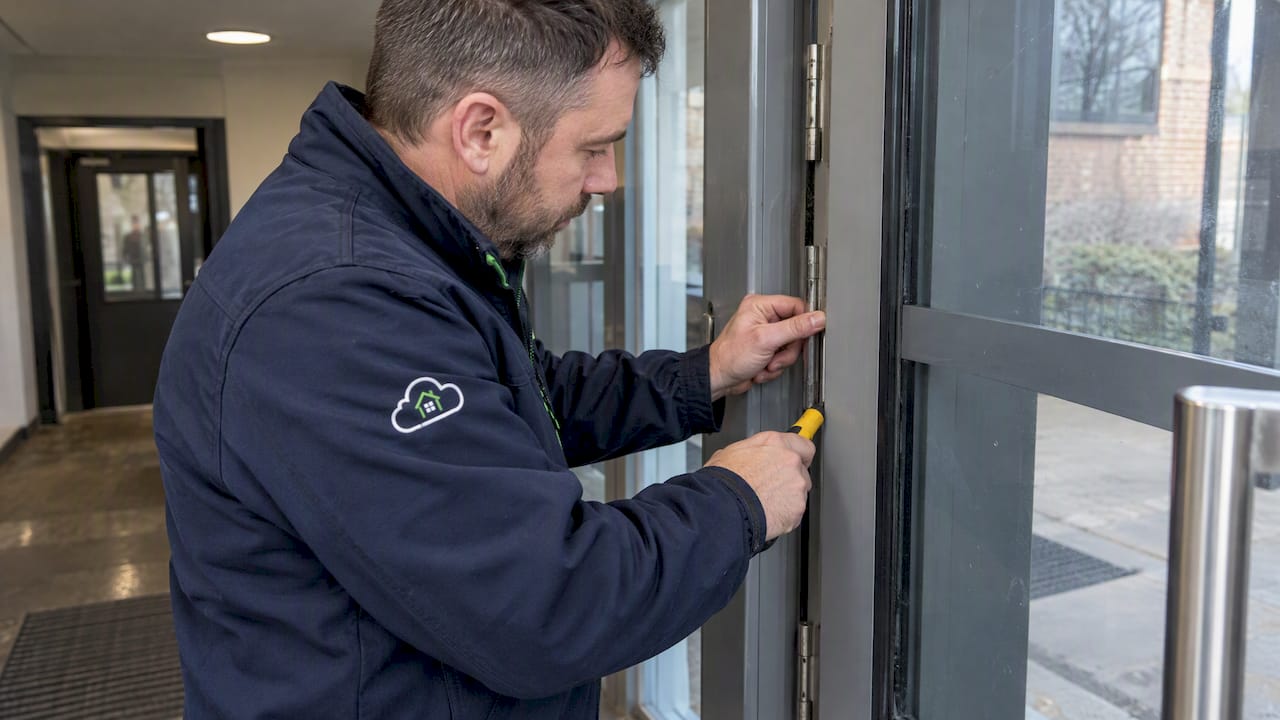 Technician inspecting door frame and hardware