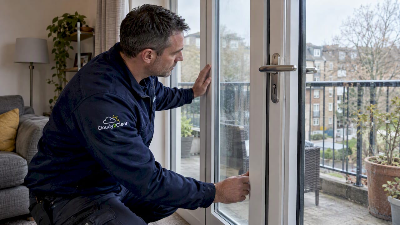 Surveyor checking a UK balcony door pane