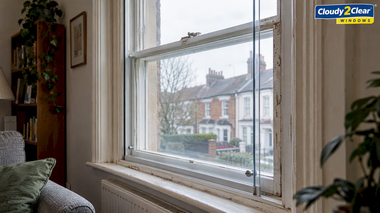 Reversible glazing fitted inside a sash window