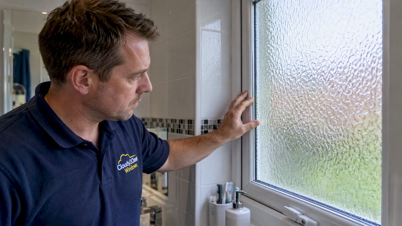 Technician inspecting obscure bathroom window glass