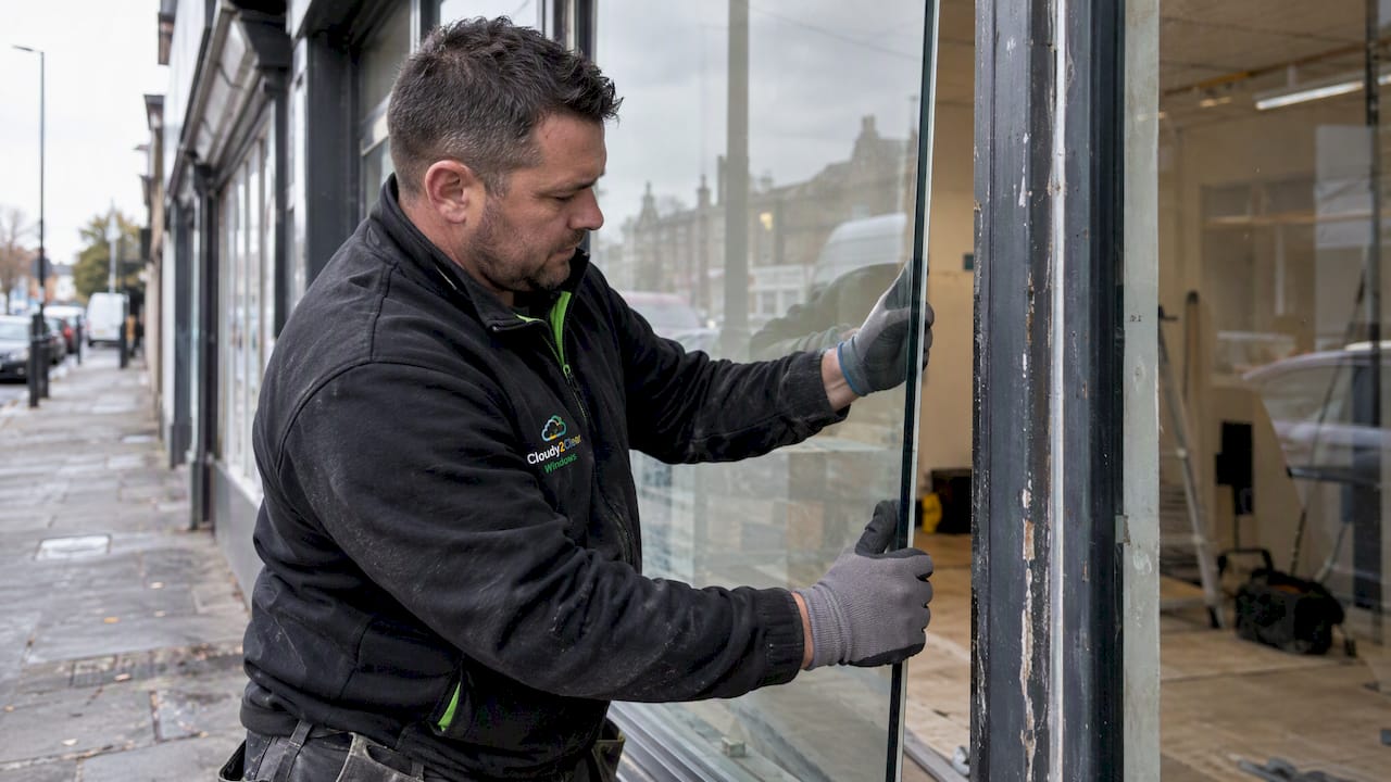 Installer fitting glass into a retained shopfront frame