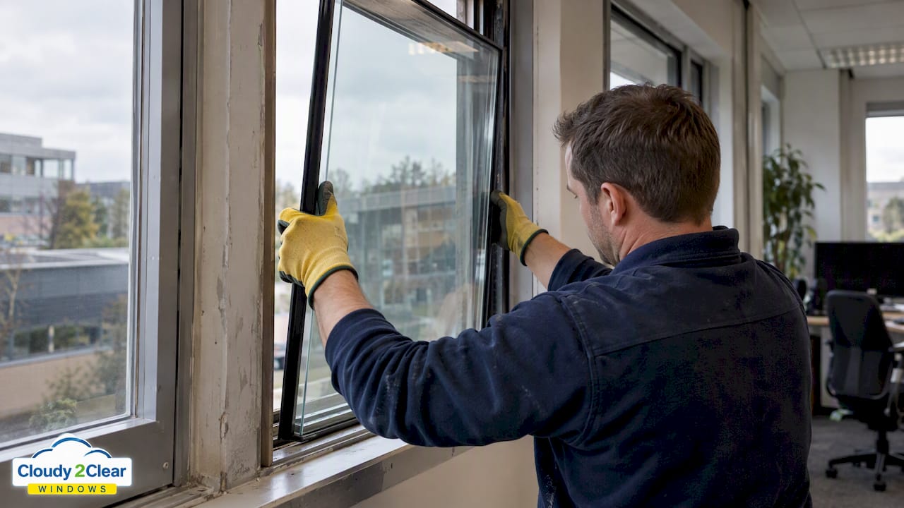 Technician fitting glass into a retained office frame