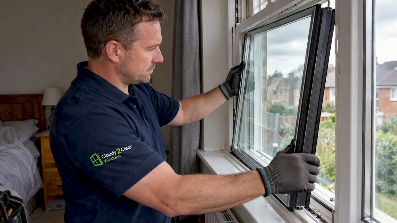 Installer fitting acoustic glass into a home window