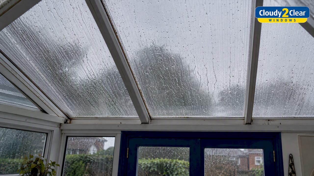 Rain striking a translucent conservatory roof