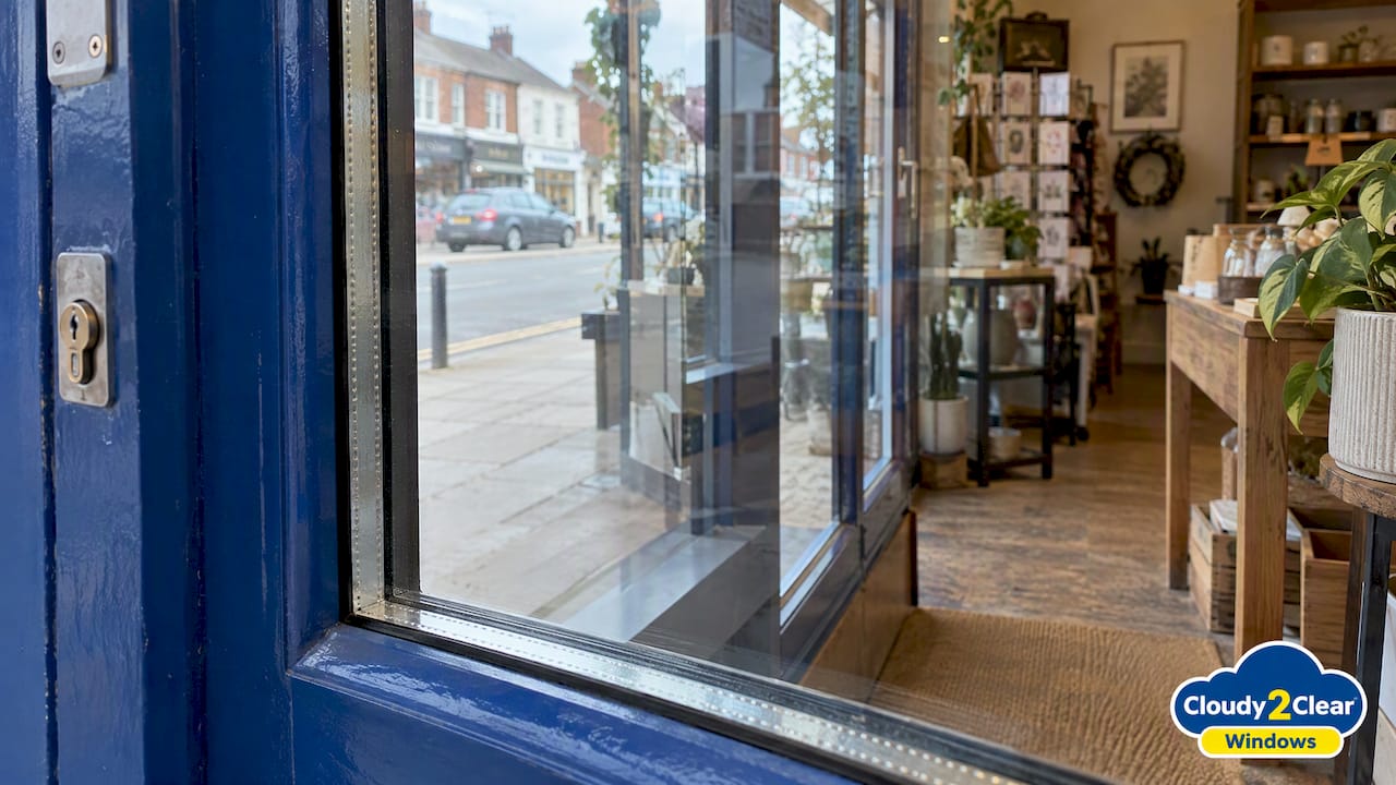 Laminated glass fitted in a shopfront frame